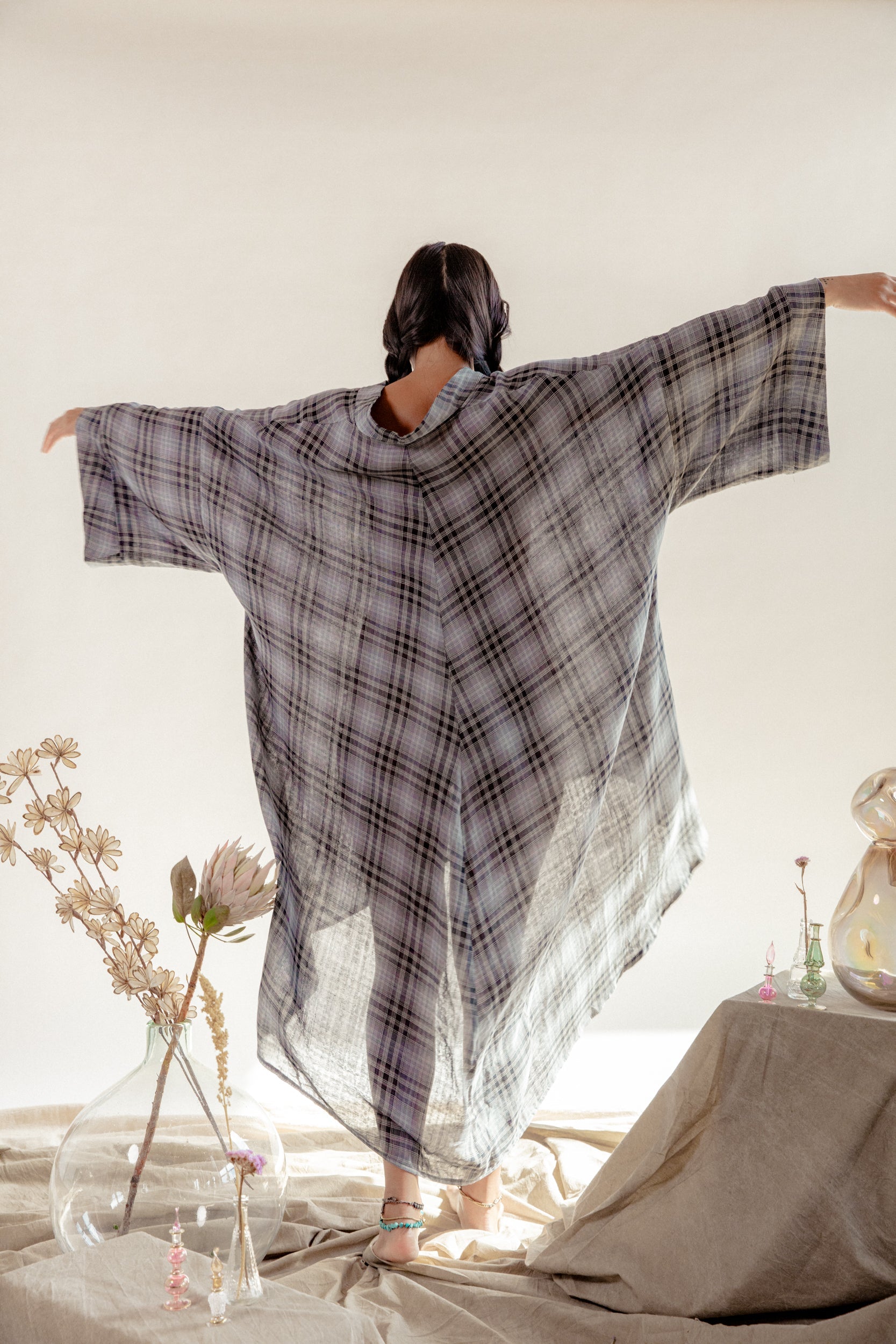 Black & Grey Organic Cotton Plaid Kaftan