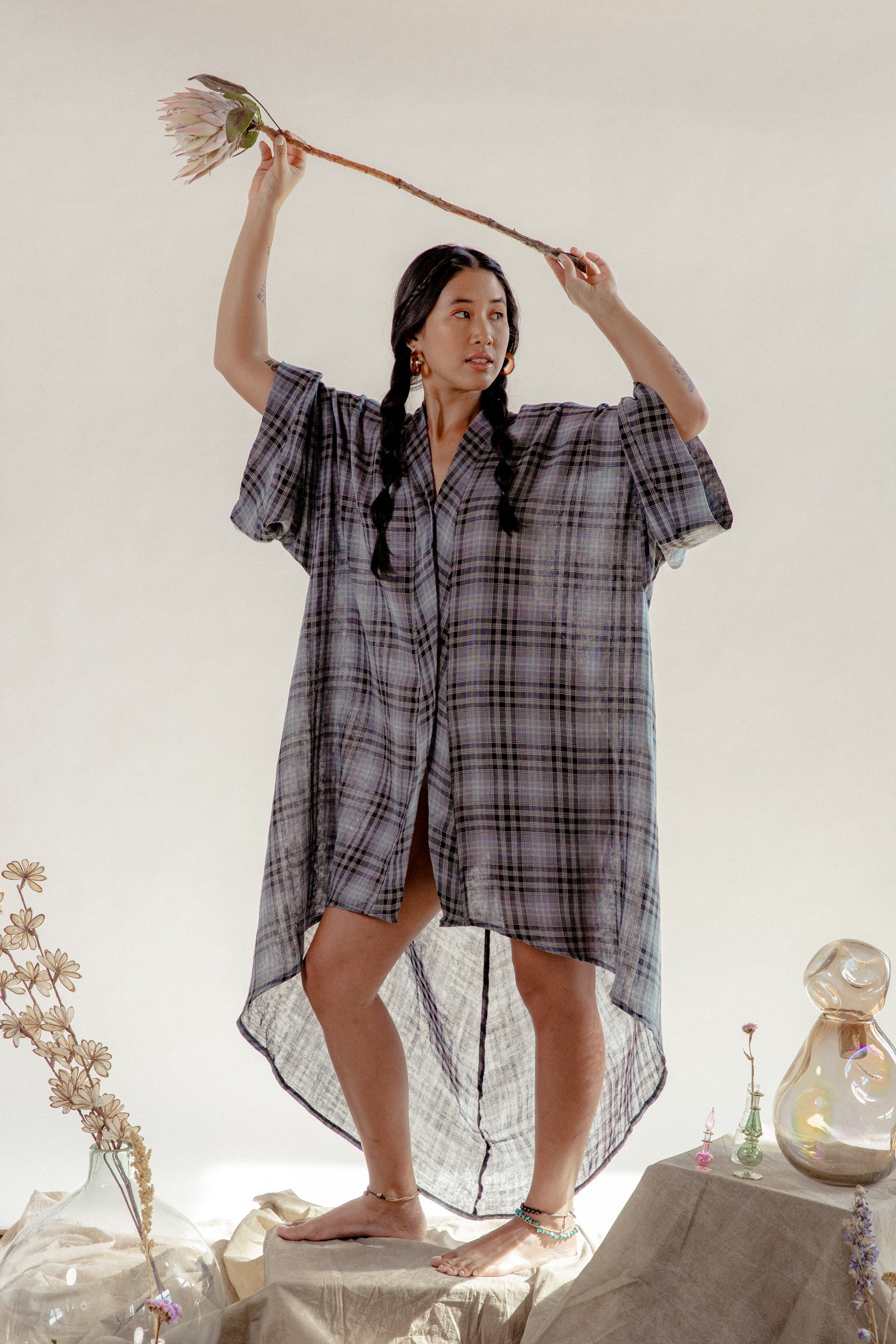 Black & Grey Organic Cotton Plaid Kaftan