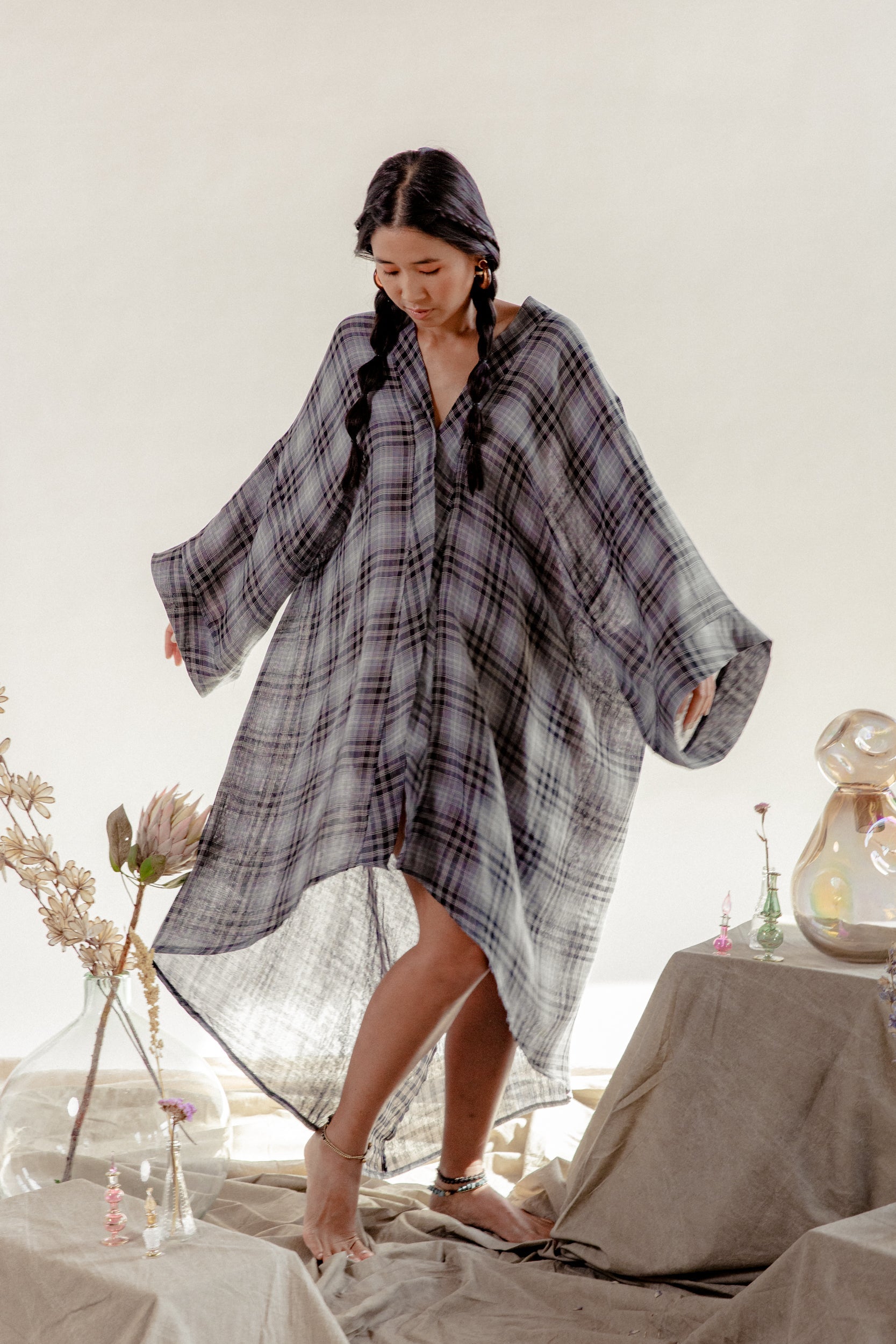 Black & Grey Organic Cotton Plaid Kaftan